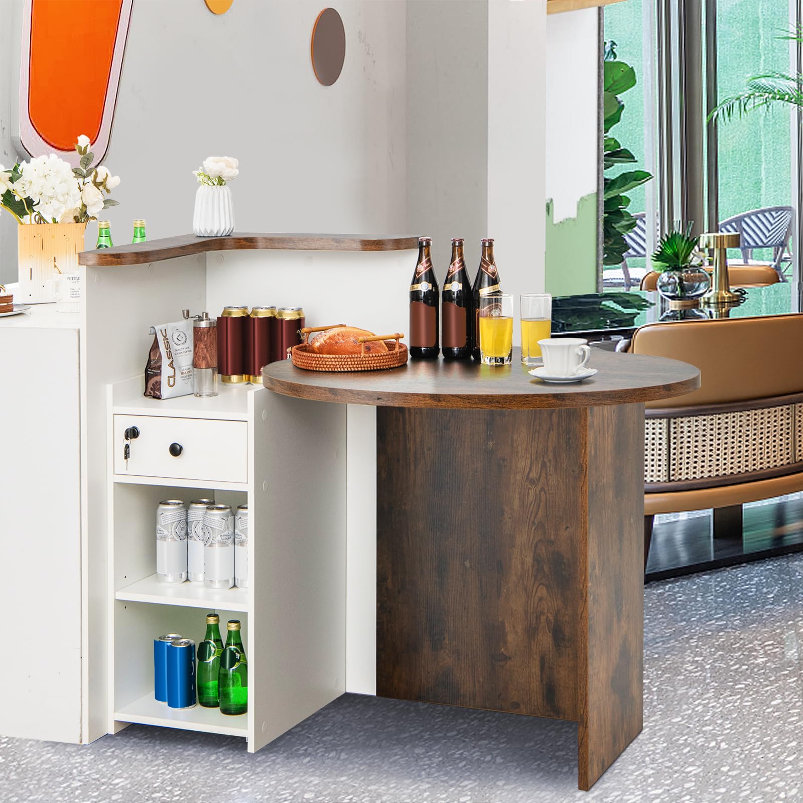 Reception Desk, Front Counter Desk with Lockable Drawer & Adjustable Shelf