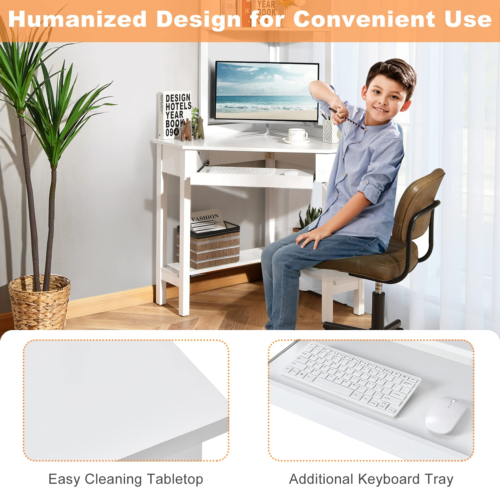 White Corner Desk with Hutch, 90 Degrees Triangle Corner Computer Desk
