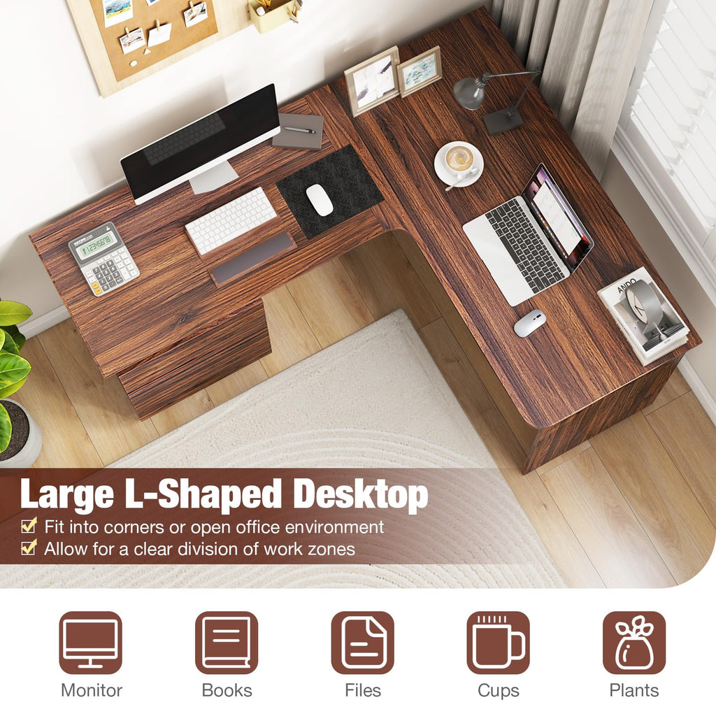 Shaped Desk with 2 Storage Drawers, 59” Corner Computer Desk with File Drawer & Open Shelf