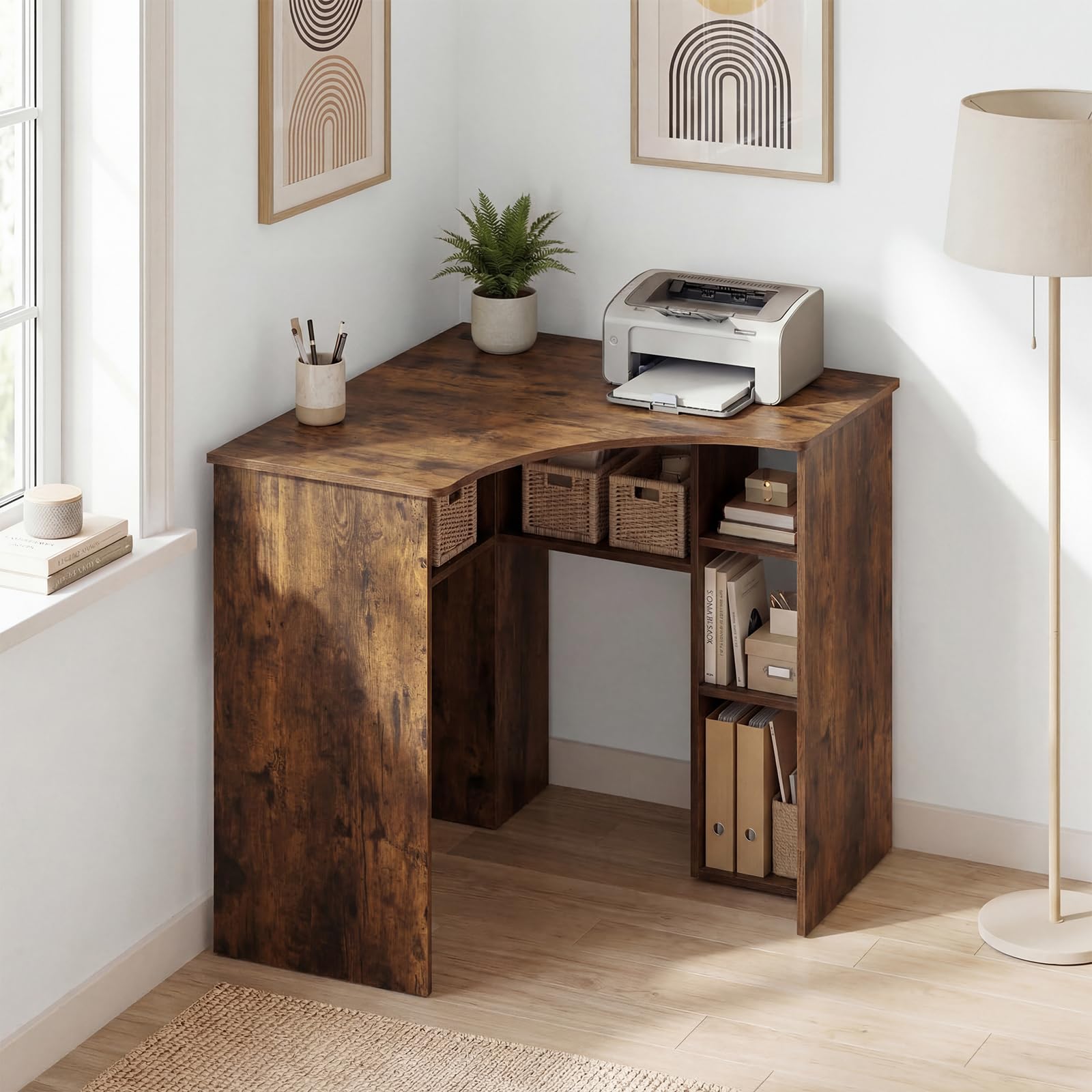 Degree Triangle Corner Desk with Charging Station & Open Storage Shelves