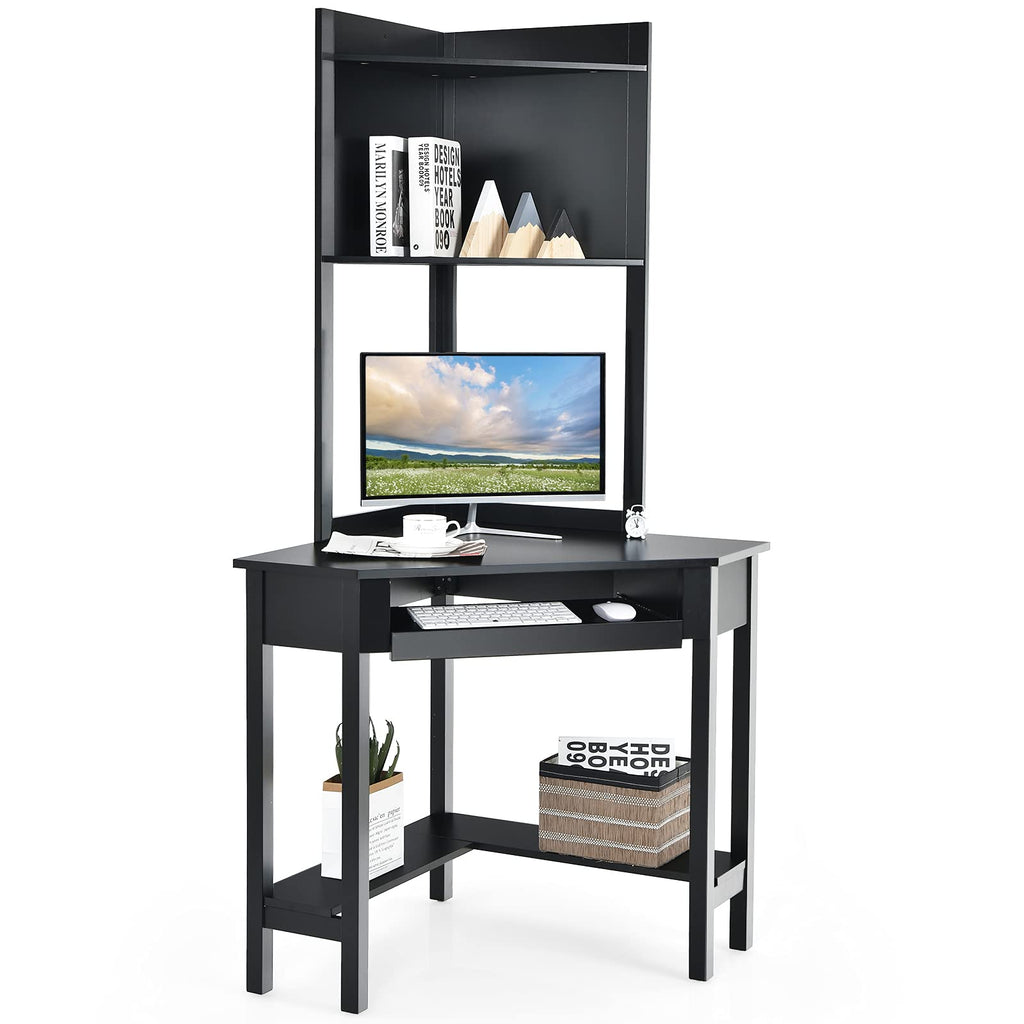 White Corner Desk with Hutch, 90 Degrees Triangle Corner Computer Desk