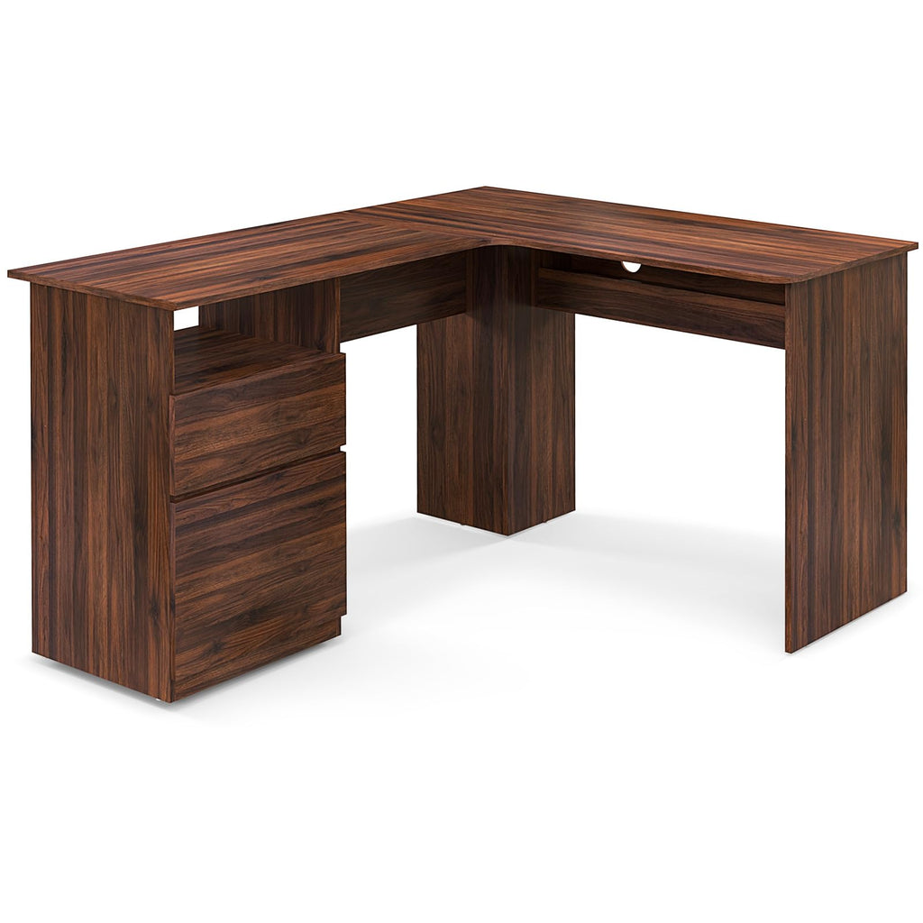 Shaped Desk with 2 Storage Drawers, 59” Corner Computer Desk with File Drawer & Open Shelf