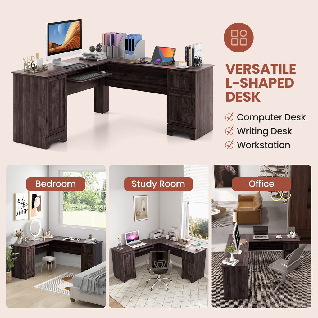 Shaped Office Desk with Storage Drawers & Keyboard Tray