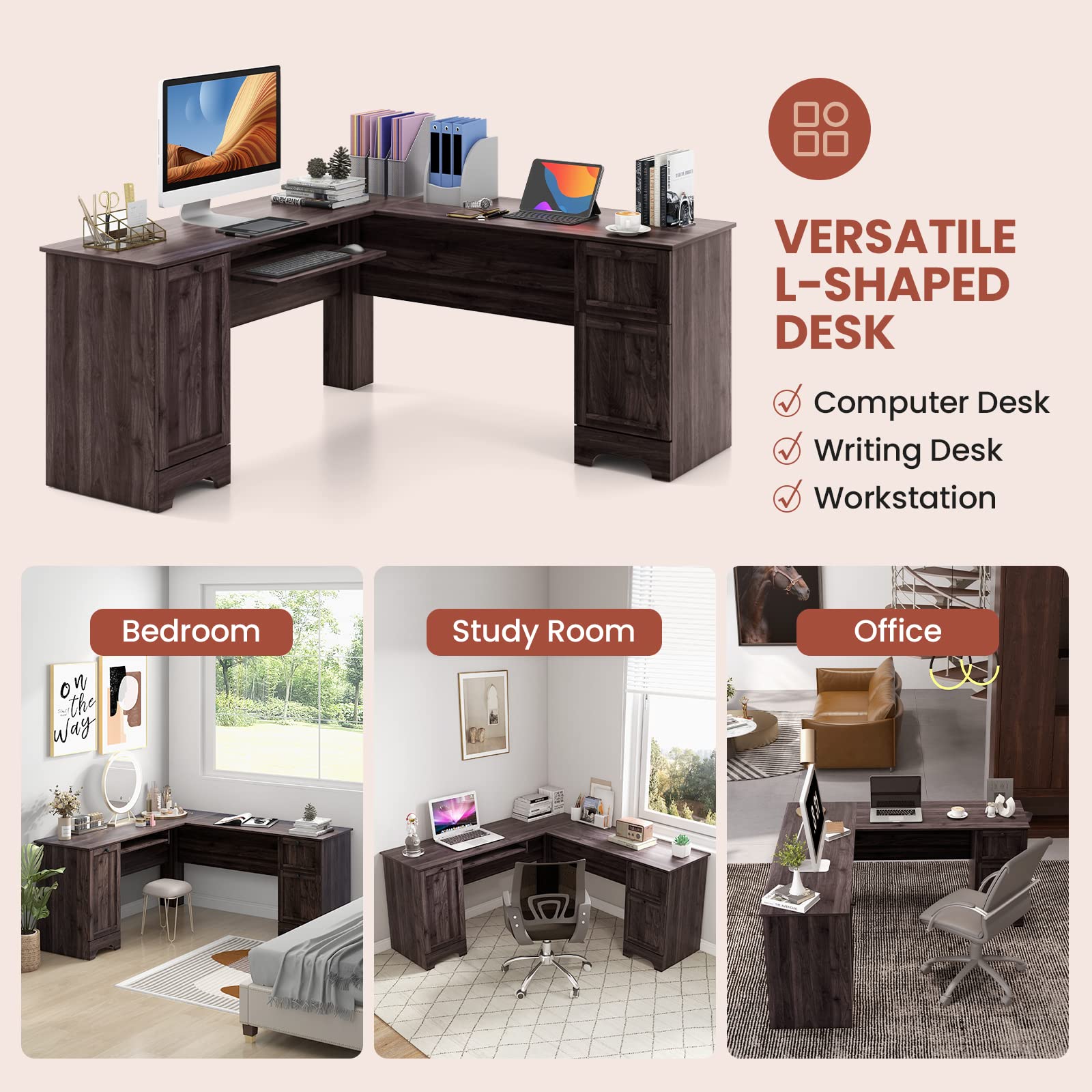 Shaped Office Desk with Storage Drawers & Keyboard Tray