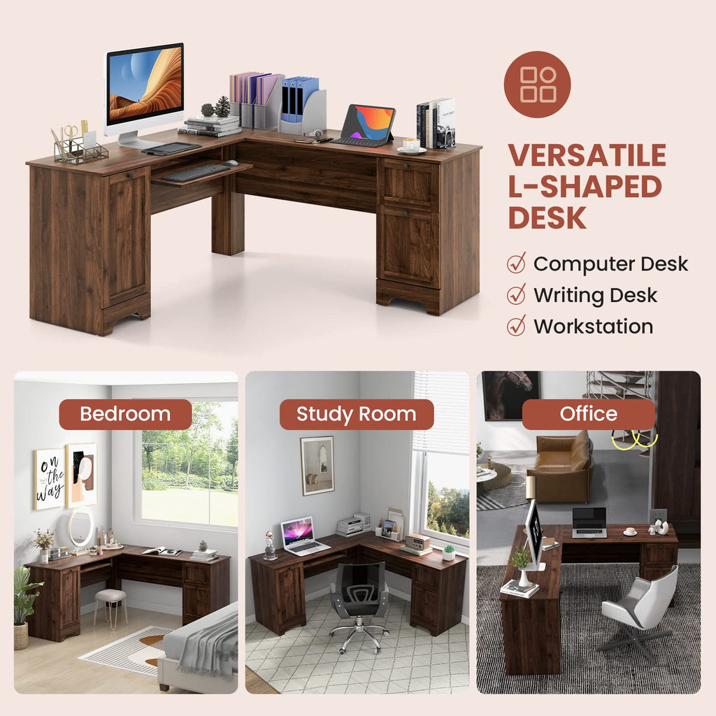 Shaped Office Desk with Storage Drawers & Keyboard Tray