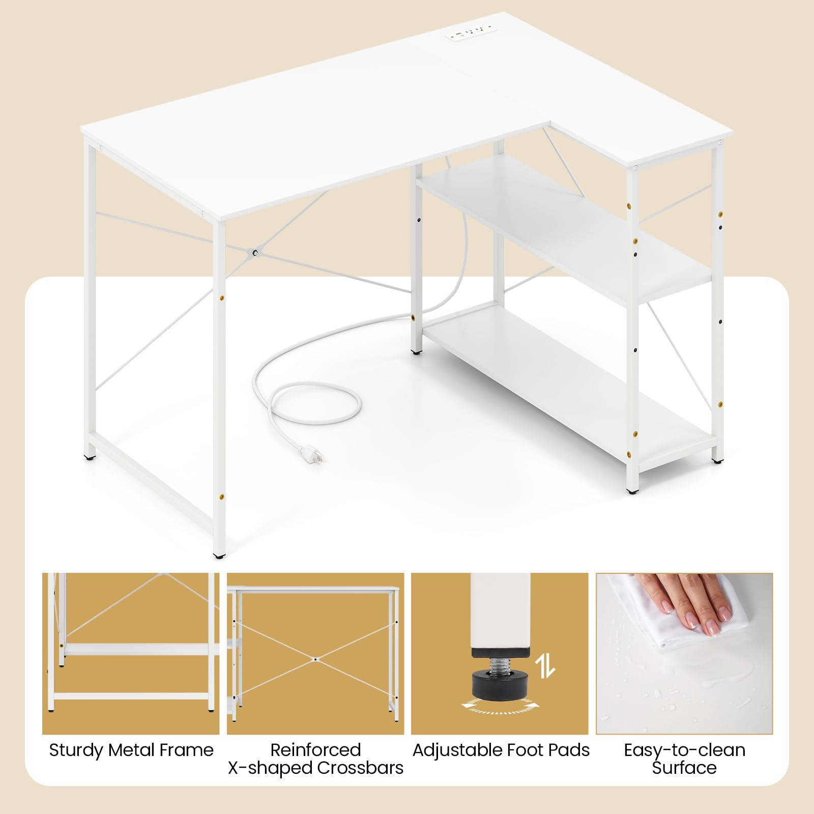 Shaped Computer Desk with Reversible Shelves