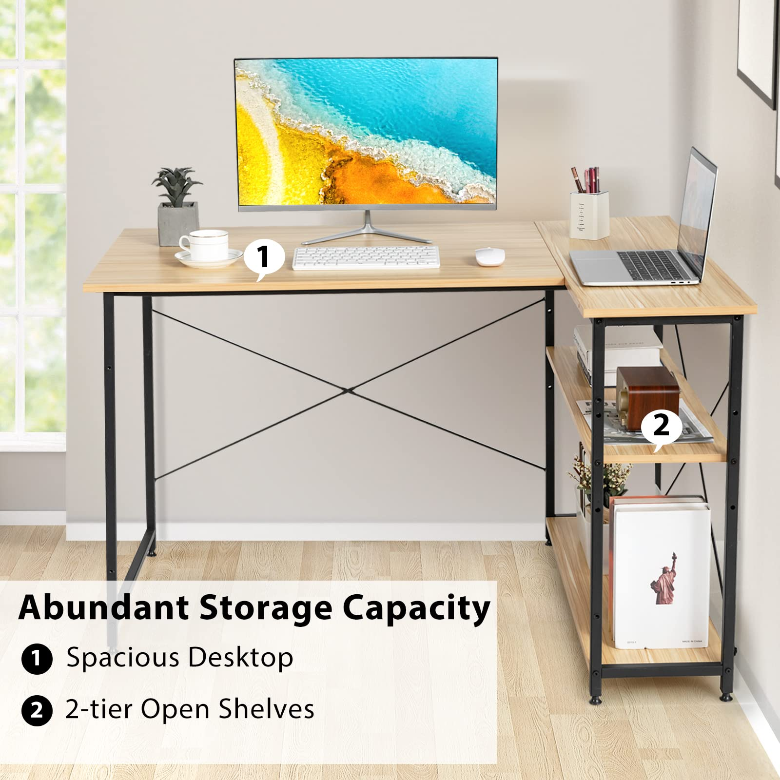 Shaped Computer Desk with Reversible Shelves