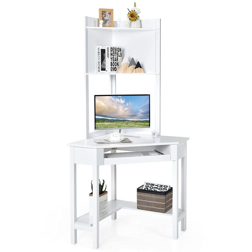 White Corner Desk with Hutch, 90 Degrees Triangle Corner Computer Desk