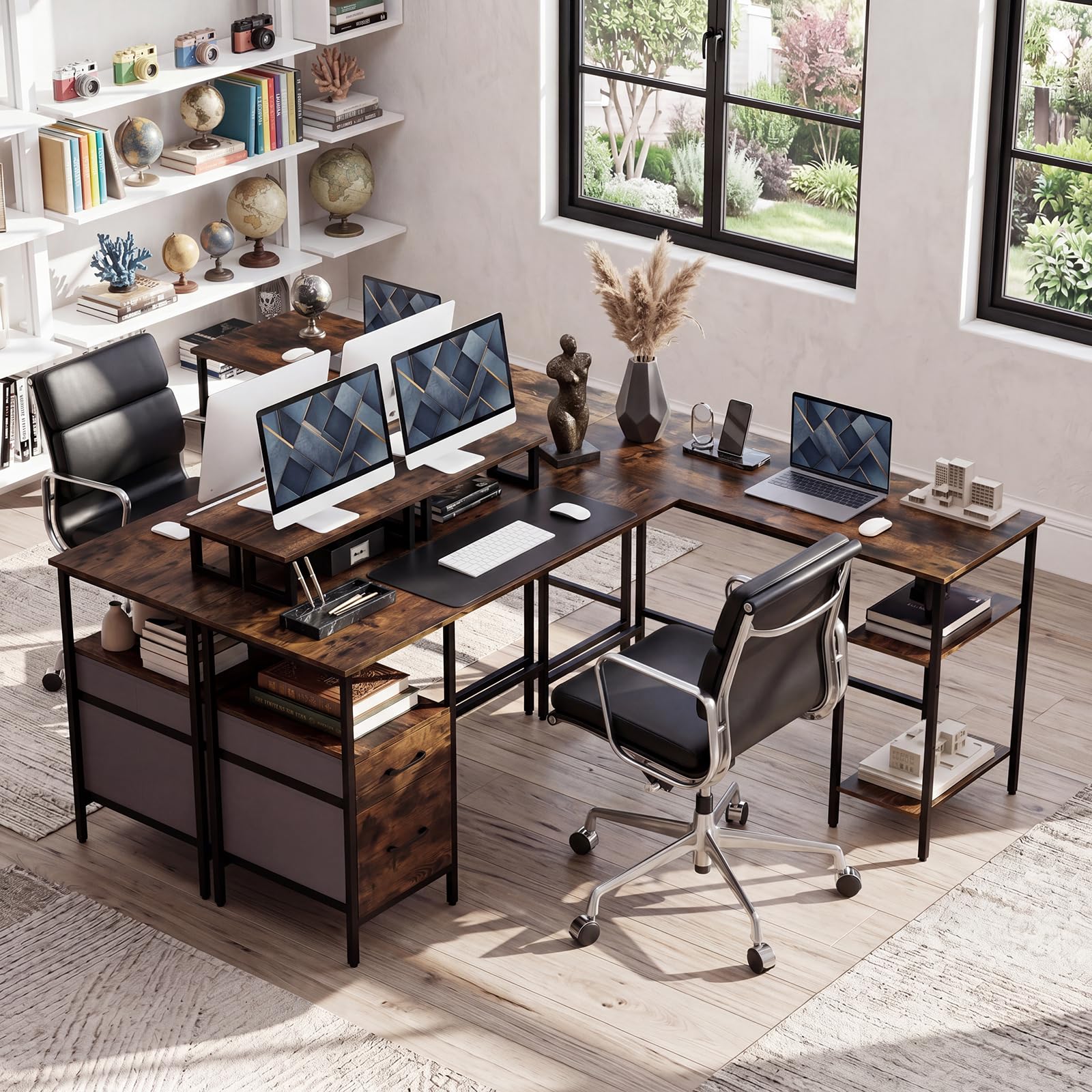 Reversible L Shaped Desk with Storage Drawers & Monitor Stand | Power Outlet